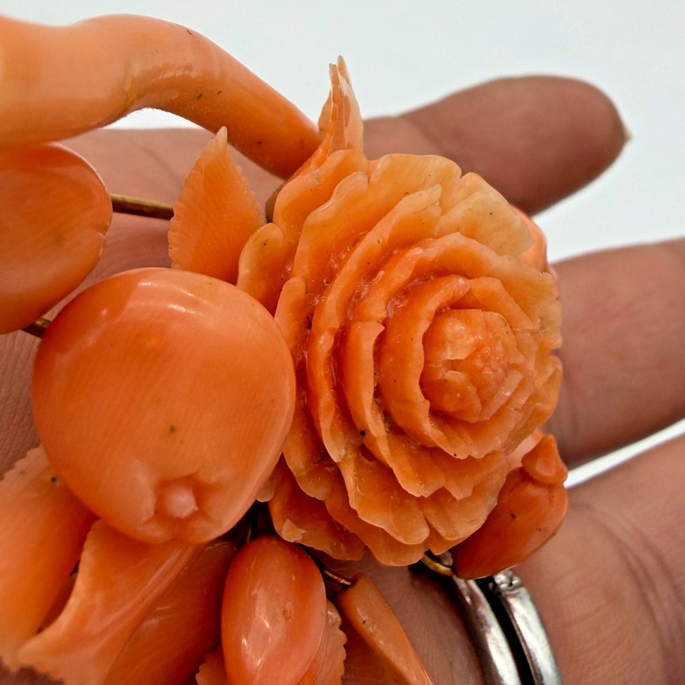 Antique Victorian Gold Angel Skin Coral Floral Bouquet Brooch C Clasp Dangle - Picture 4 of 16